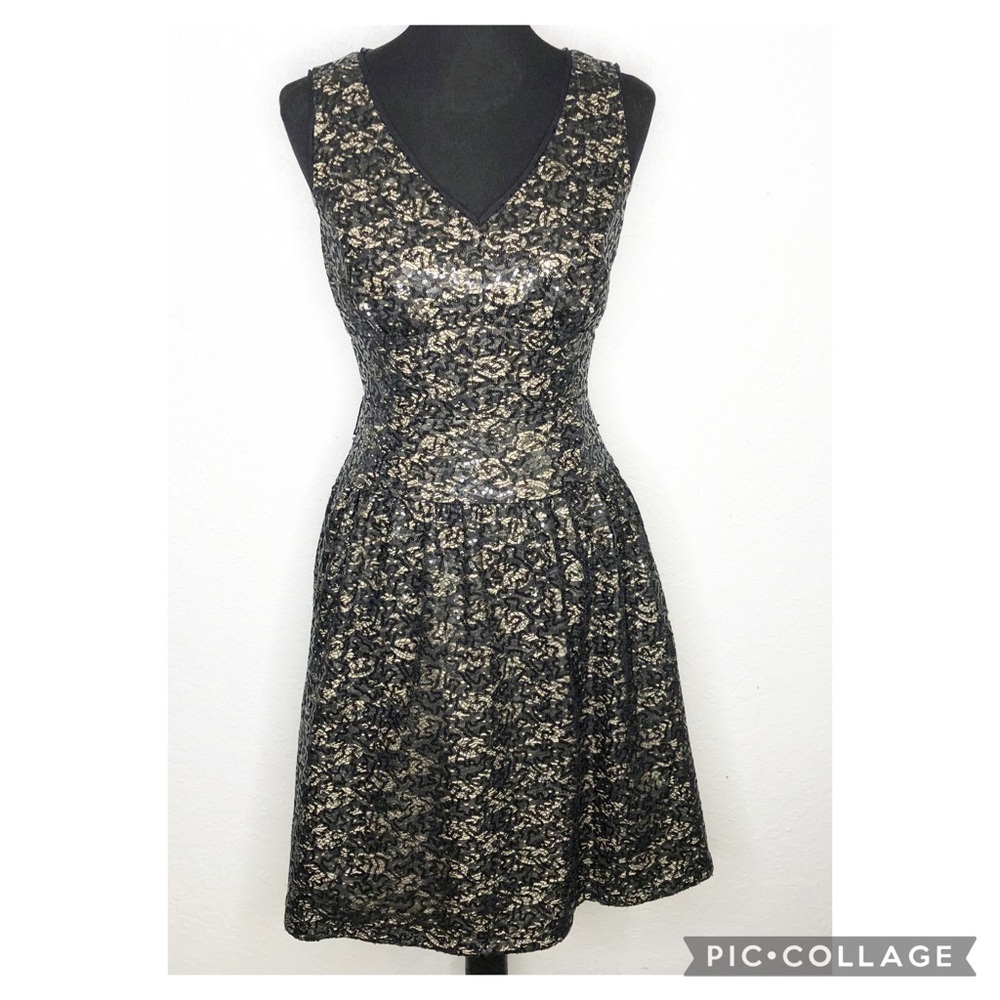Frank Lyman Design black sequin lace overlay fit flare sleeveless dress